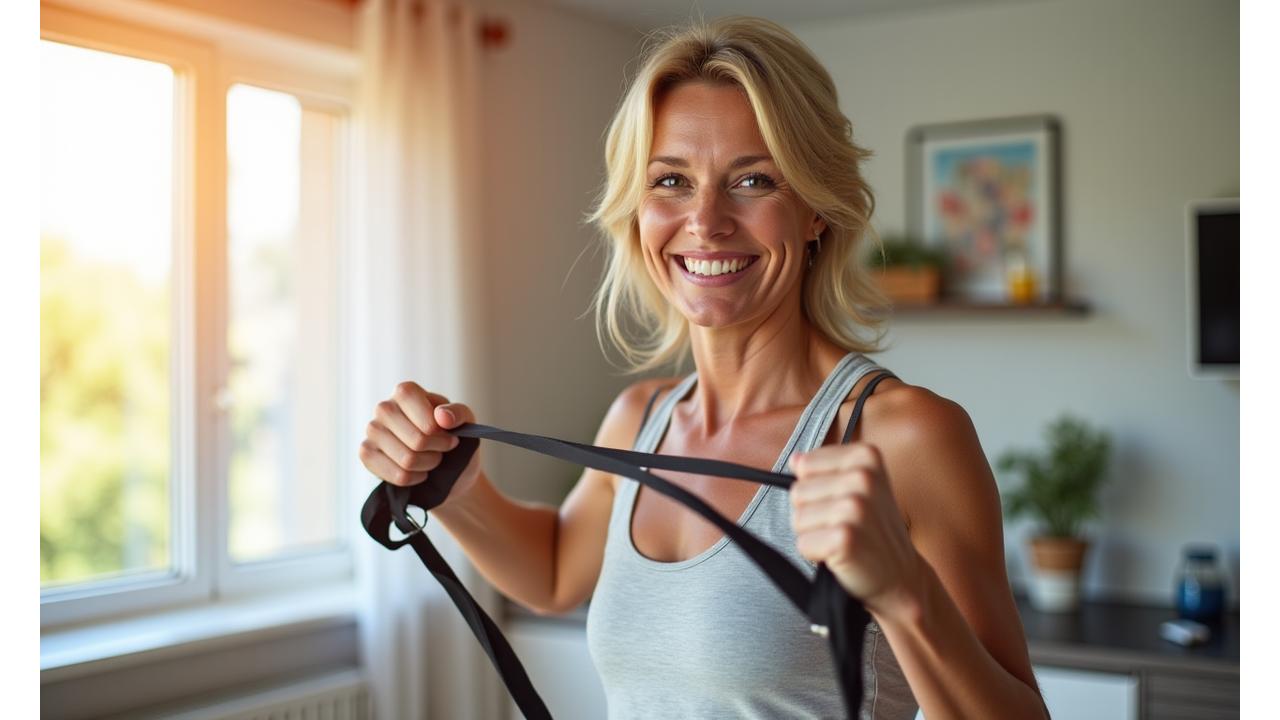Uśmiechnięta kobieta w średnim wieku, z energią ćwicząca przy użyciu fit band, symbolizująca transformację wellness.