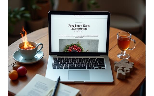 Ekran komputera z otwartym blogiem medycznym, obok filiżanka herbaty i świeże owoce
