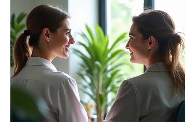 Coach wellness rozmawia z klientem, w tle zielone rośliny, symbolizujące zdrowie i naturę