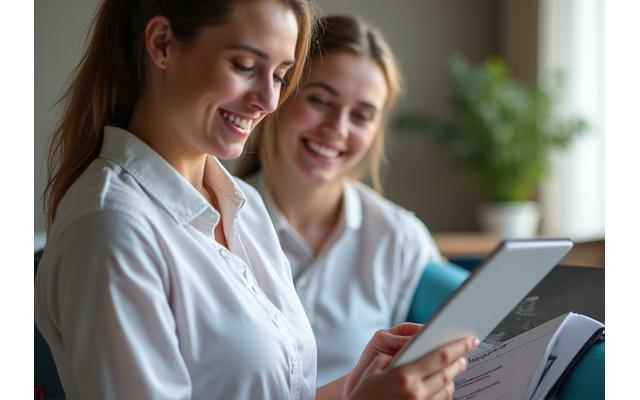 Kobieta analizująca spersonalizowany plan wellness z uśmiechem