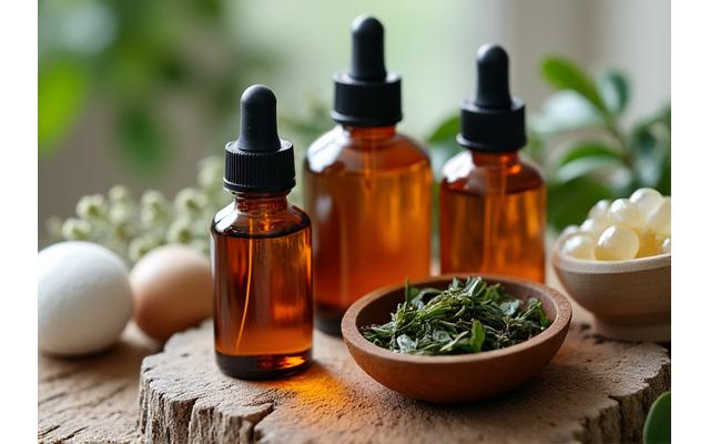 Wybór naturalnych produktów wellness, suplementy, olejki eteryczne na drewnianym stole