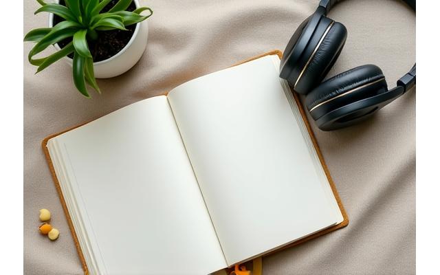 Słuchawki leżące obok otwartej książki w spokojnym, naturalnym otoczeniu, symbolizujące dostęp do biblioteki audio guides.