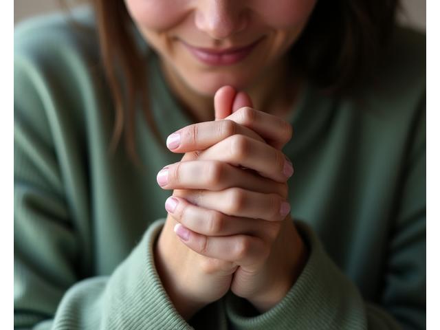 Osoba spokojnie zaciskająca dłonie, oddychając głęboko, symbolizując techniki radzenia sobie ze stresem.