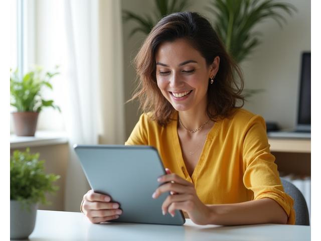 Kobieta w średnim wieku uśmiechająca się podczas wypełniania formularza na tablecie, symbolizująca łatwość dostępu do spersonalizowanego planu wellness.