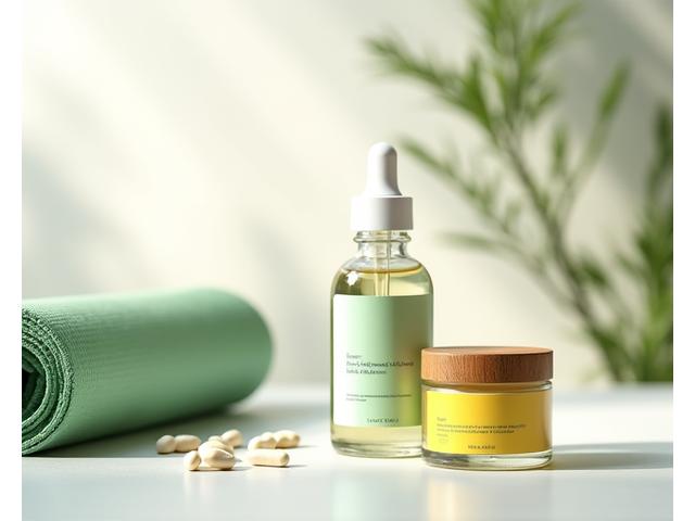 Kuratowane produkty wellness: butelka z suplementami, naturalny krem, mata do jogi.