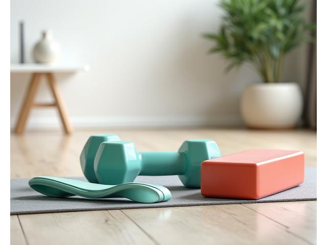 Sprzęt do domowej siłowni: hantle, mata, kettlebell.