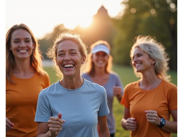 Uśmiechnięta grupa osób w różnym wieku, wspierająca się wzajemnie podczas aktywności wellness na świeżym powietrzu w Krakowie, reprezentująca aktywność społeczności Żywa Droga